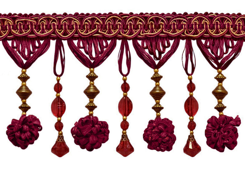 4" long (10cm) Elegant Beaded Fringe Trim with Fancy Gimp Header with Pompoms (BF400-PY) | Sold By The Yard (36"/3 ft/0.9m)